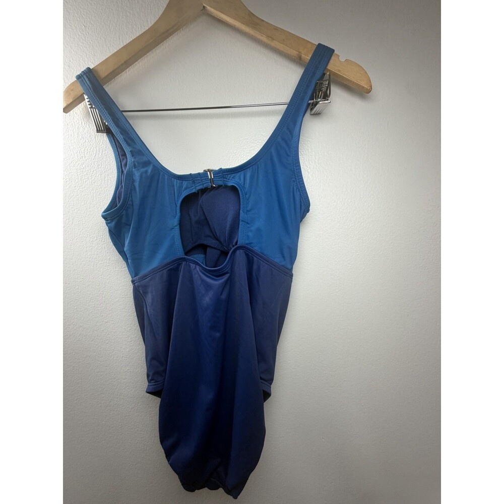 Women’s Blue Colorblock One Piece Swimsuit Front Knot Cutout Wide Strap - Picture 5 of 6